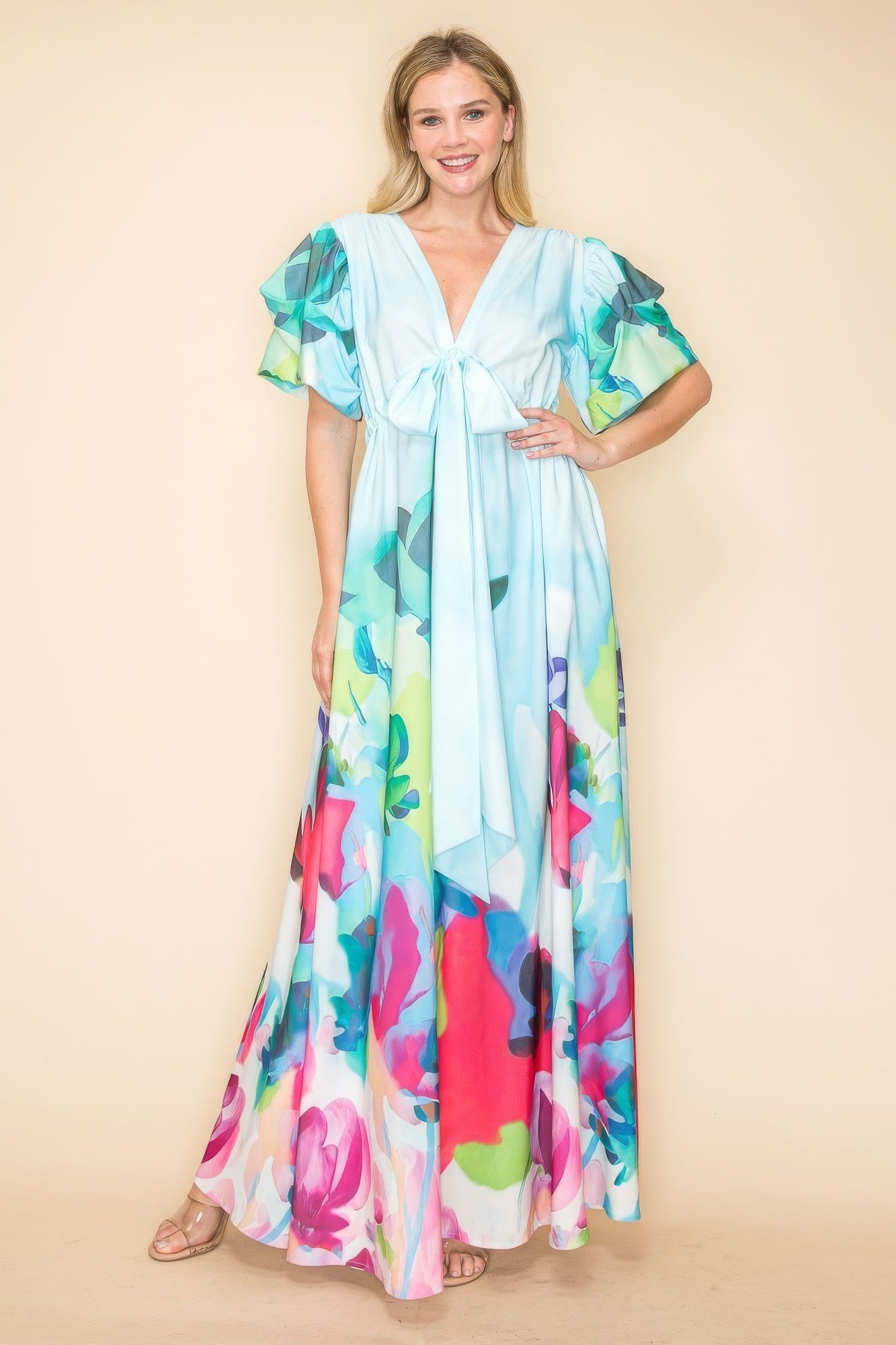 - Printed V Neck Maxi Dress - womens dress at TFC&H Co.