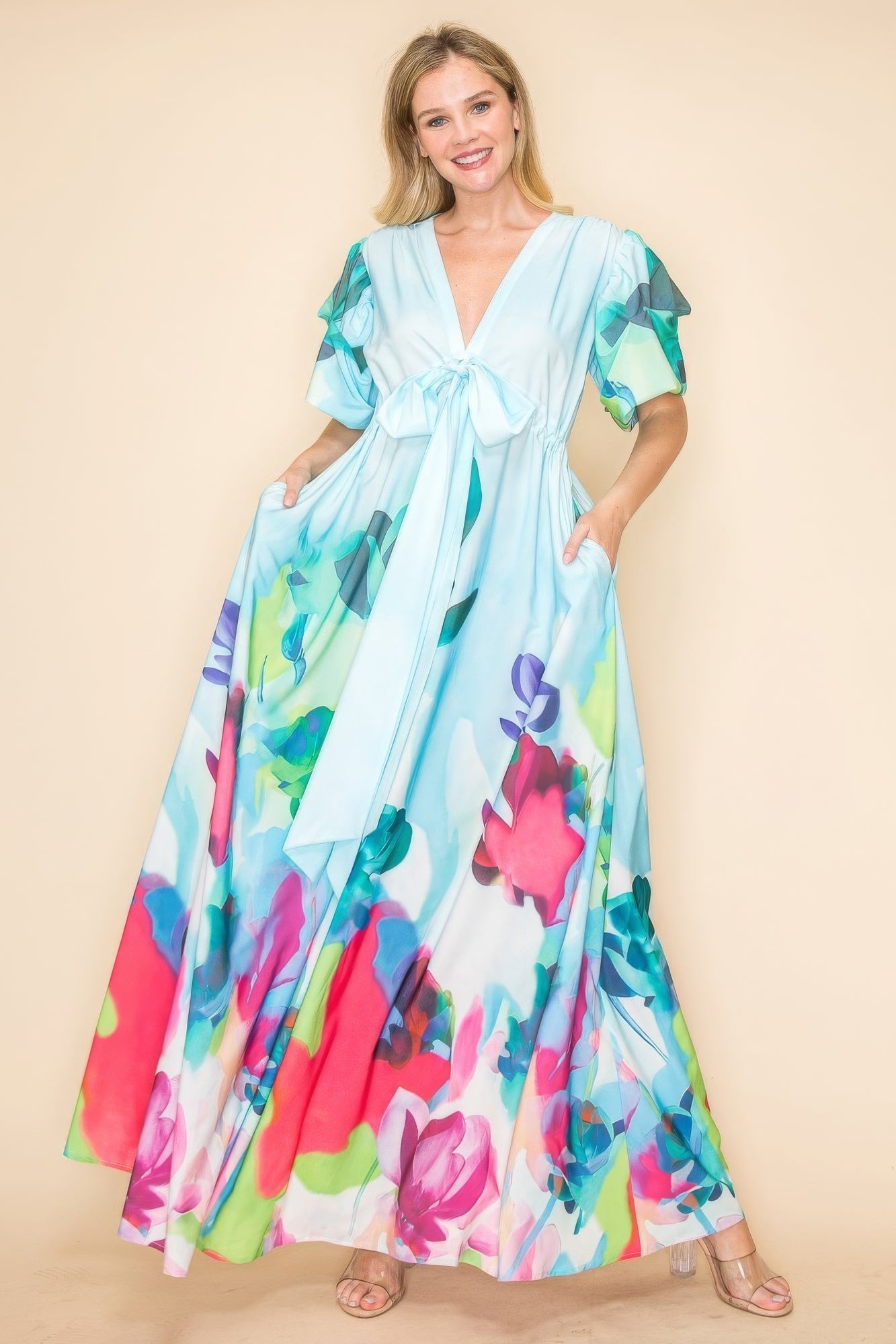 - Printed V Neck Maxi Dress - womens dress at TFC&H Co.