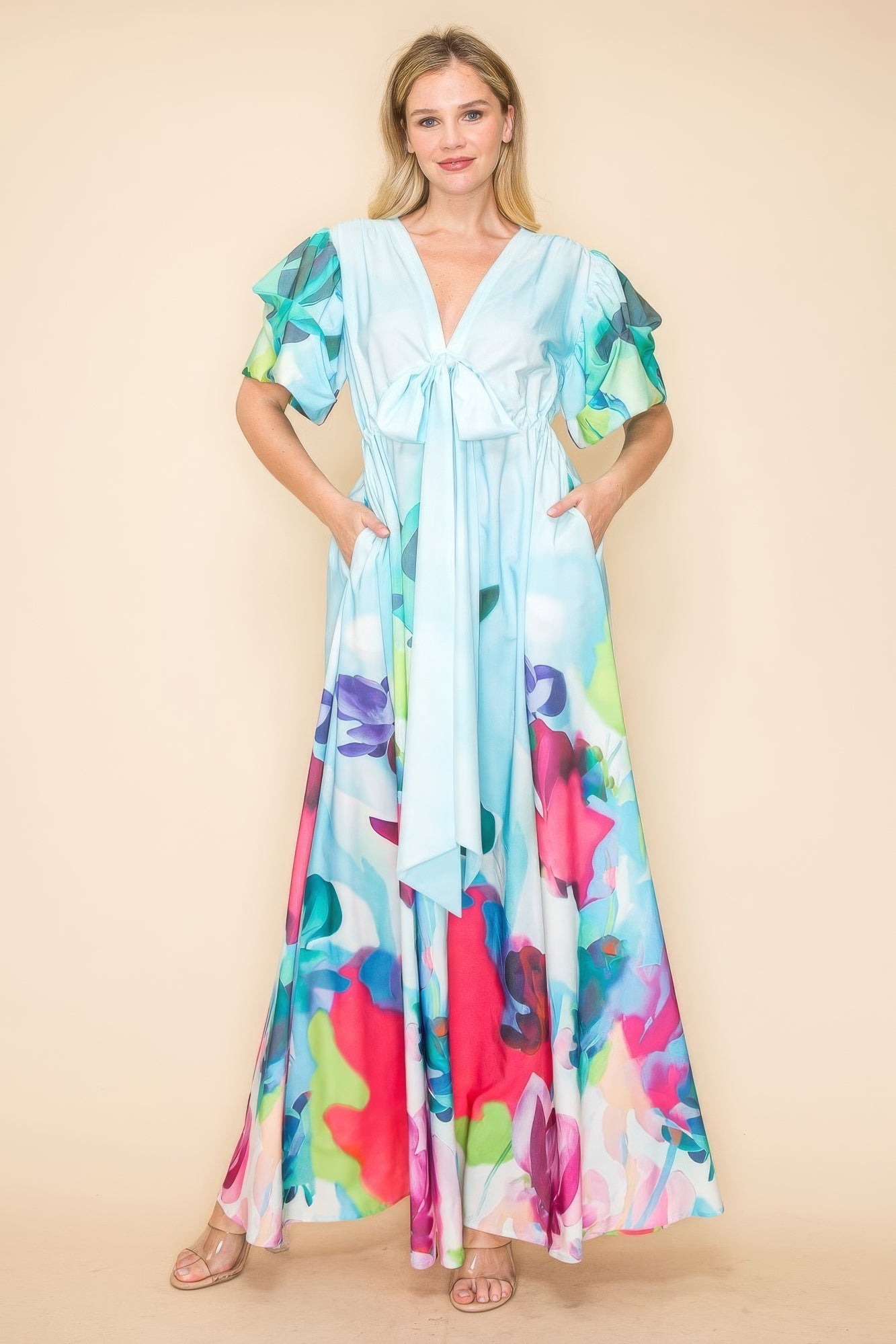 - Printed V Neck Maxi Dress - womens dress at TFC&H Co.