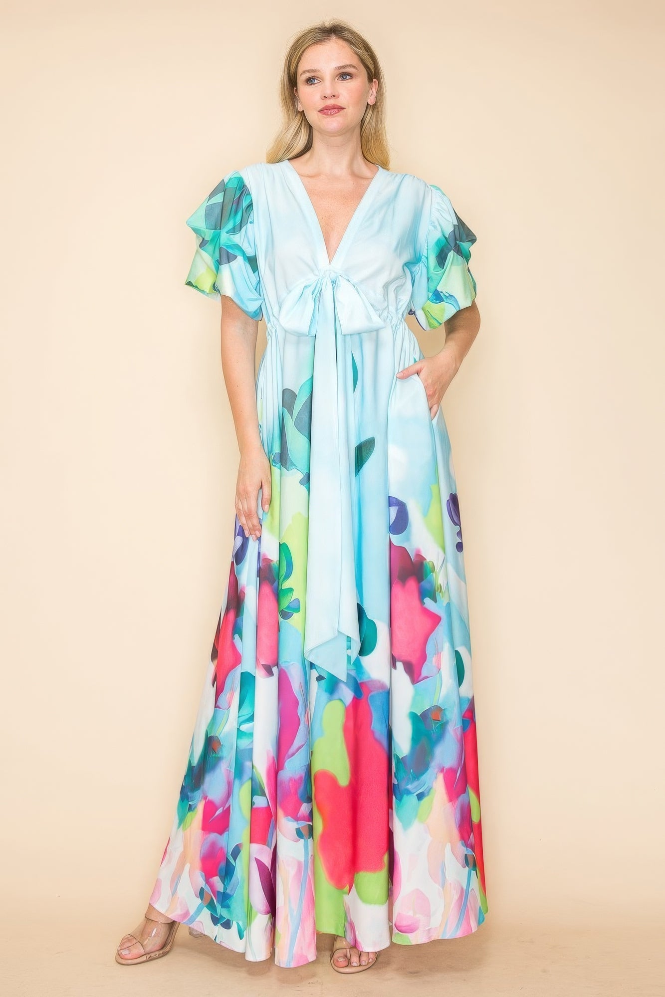 - Printed V Neck Maxi Dress - womens dress at TFC&H Co.