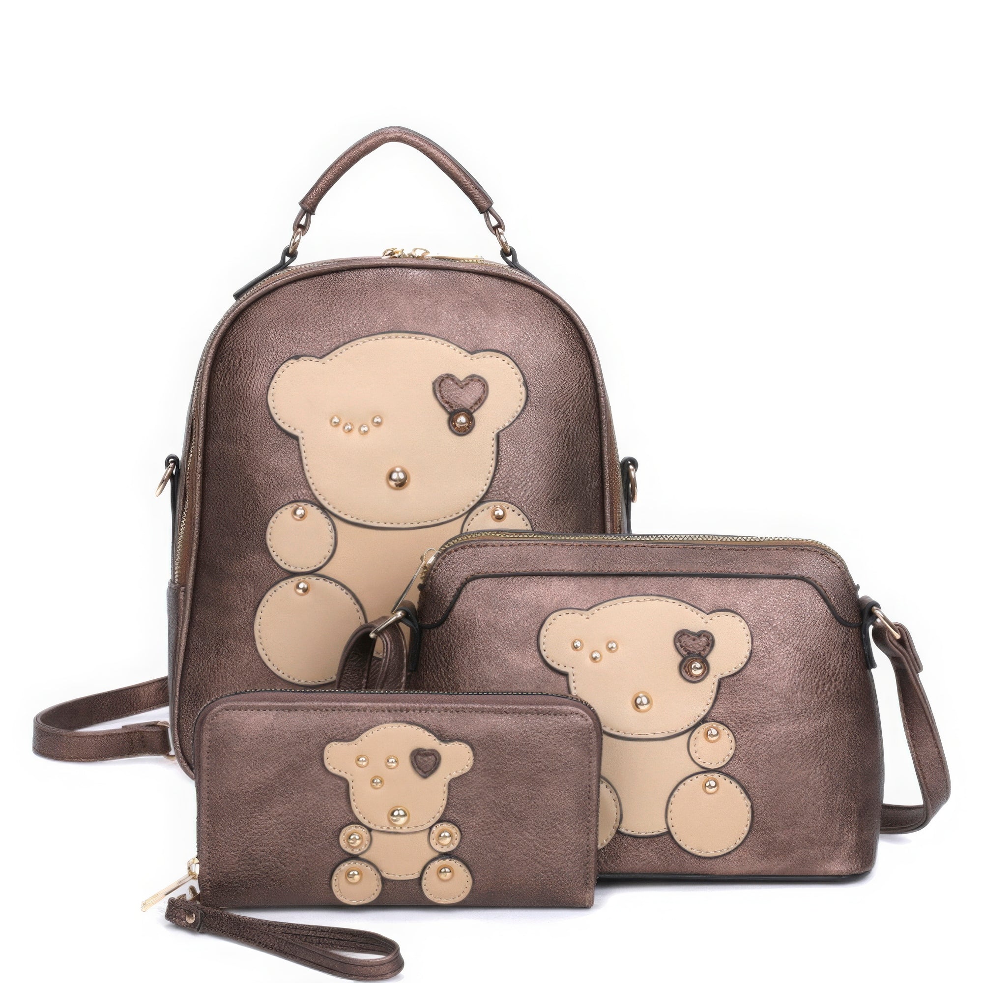 Bronze - 3in1 Cute Bear Design Handle Cartoon Backpack W Crossbody And Wallet Set - backpack at TFC&H Co.