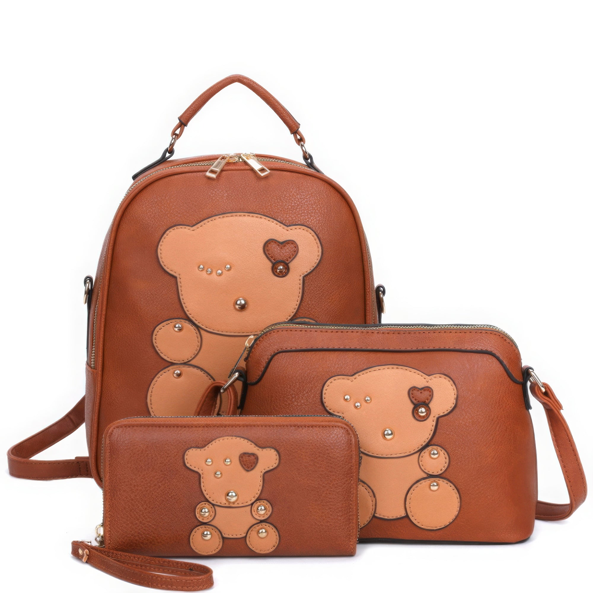 Brown - 3in1 Cute Bear Design Handle Cartoon Backpack W Crossbody And Wallet Set - backpack at TFC&H Co.