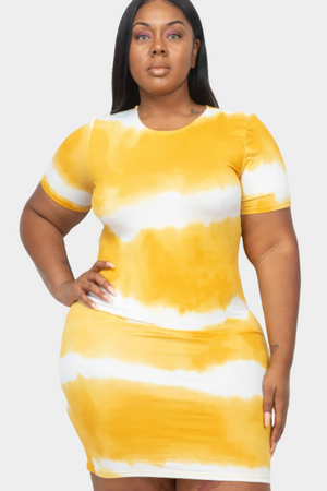 Mustard - Plus Size Tie-dye Print Bodycon Dress - womens dress at TFC&H Co.