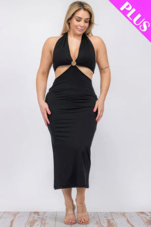 - Plus Size Cut-out Halter Neck Double Back Tie Split Thigh Midi Dress - women's dress at TFC&H Co.