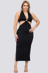 Black - Plus Size Cut-out Halter Neck Double Back Tie Split Thigh Midi Dress - women's dress at TFC&H Co.