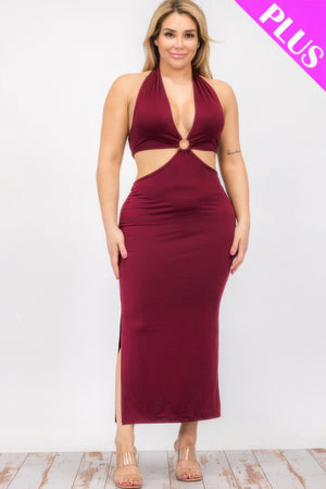 - Plus Size Cut-out Halter Neck Double Back Tie Split Thigh Midi Dress - women's dress at TFC&H Co.