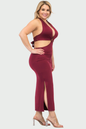 Burgundy - Plus Size Cut-out Halter Neck Double Back Tie Split Thigh Midi Dress - women's dress at TFC&H Co.