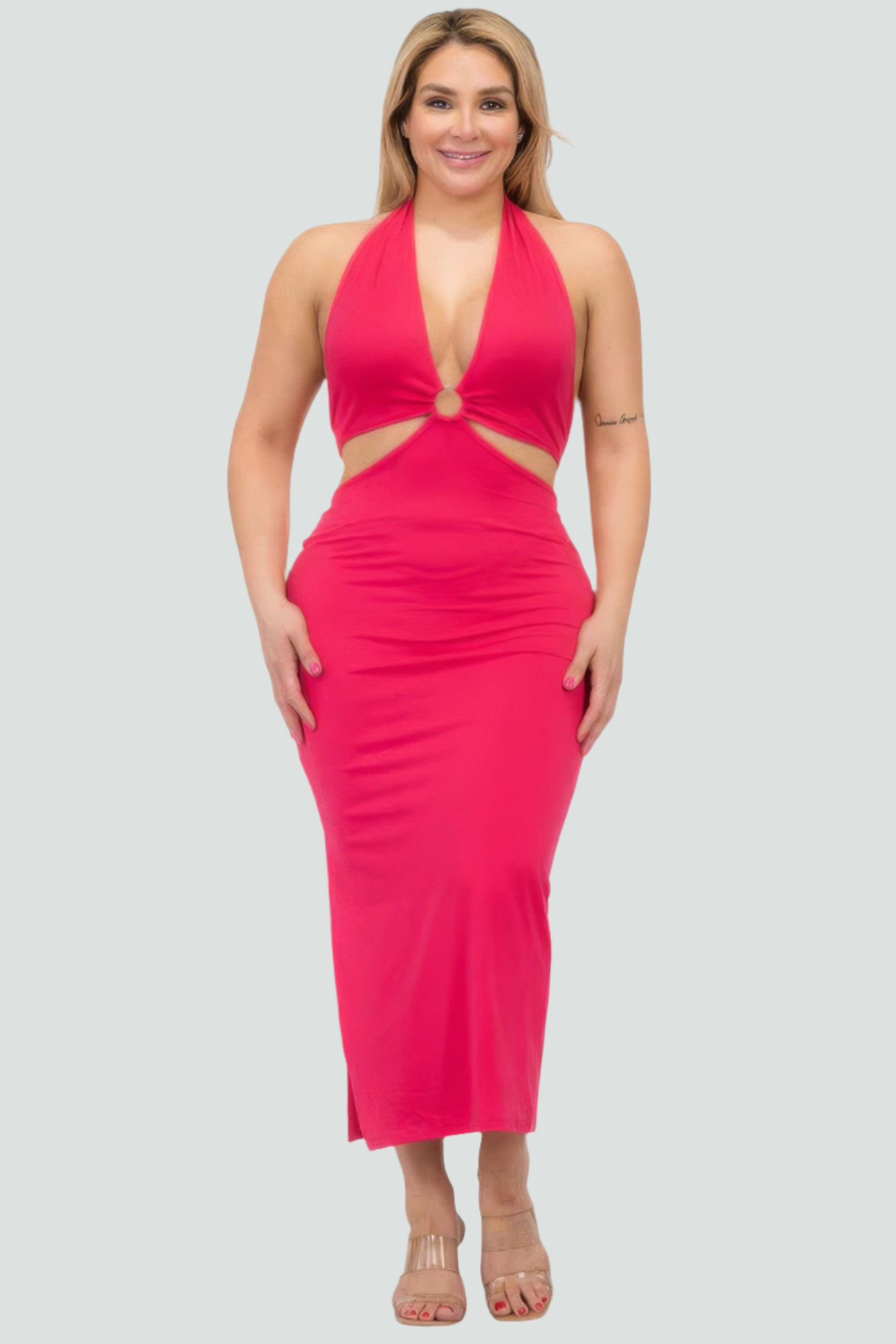 Fuchsia - Plus Size Cut-out Halter Neck Double Back Tie Split Thigh Midi Dress - women's dress at TFC&H Co.