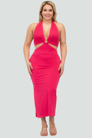 Fuchsia - Plus Size Cut-out Halter Neck Double Back Tie Split Thigh Midi Dress - women's dress at TFC&H Co.