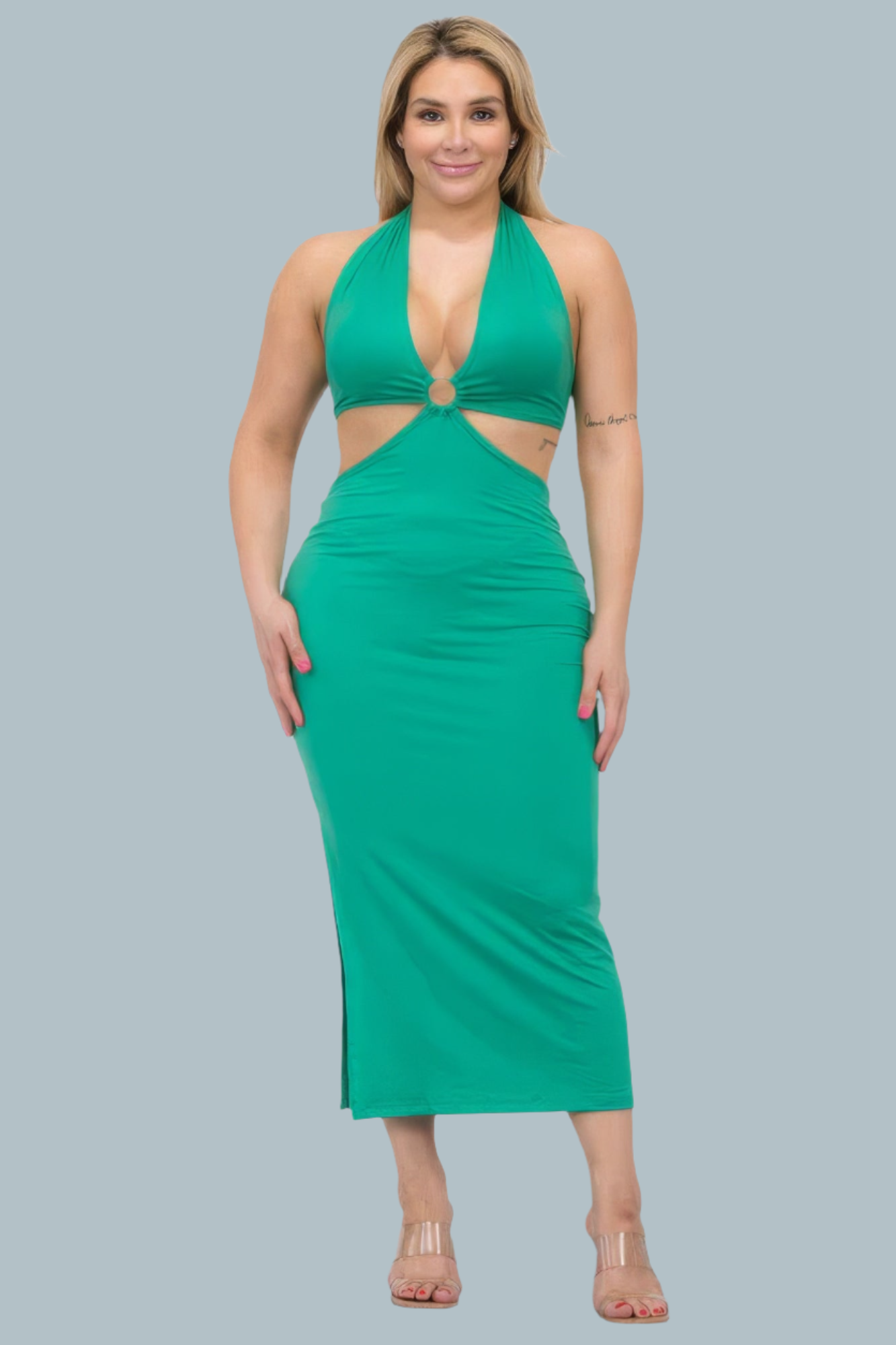 Kelly Green - Plus Size Cut-out Halter Neck Double Back Tie Split Thigh Midi Dress - women's dress at TFC&H Co.