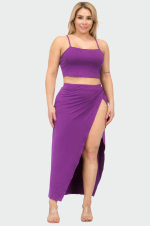 Purple - Plus Size Crop Cami & Split Thigh Maxi Skirt Set - womens skirt set at TFC&H Co.