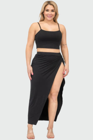 Black - Plus Size Crop Cami & Split Thigh Maxi Skirt Set - womens skirt set at TFC&H Co.