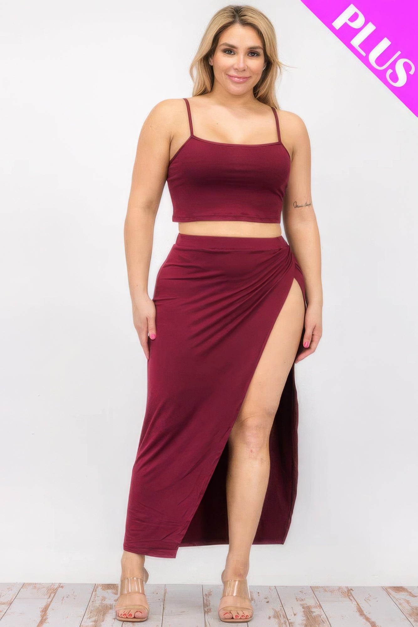 - Plus Size Crop Cami & Split Thigh Maxi Skirt Set - womens skirt set at TFC&H Co.