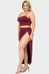 Burgundy - Plus Size Crop Cami & Split Thigh Maxi Skirt Set - womens skirt set at TFC&H Co.