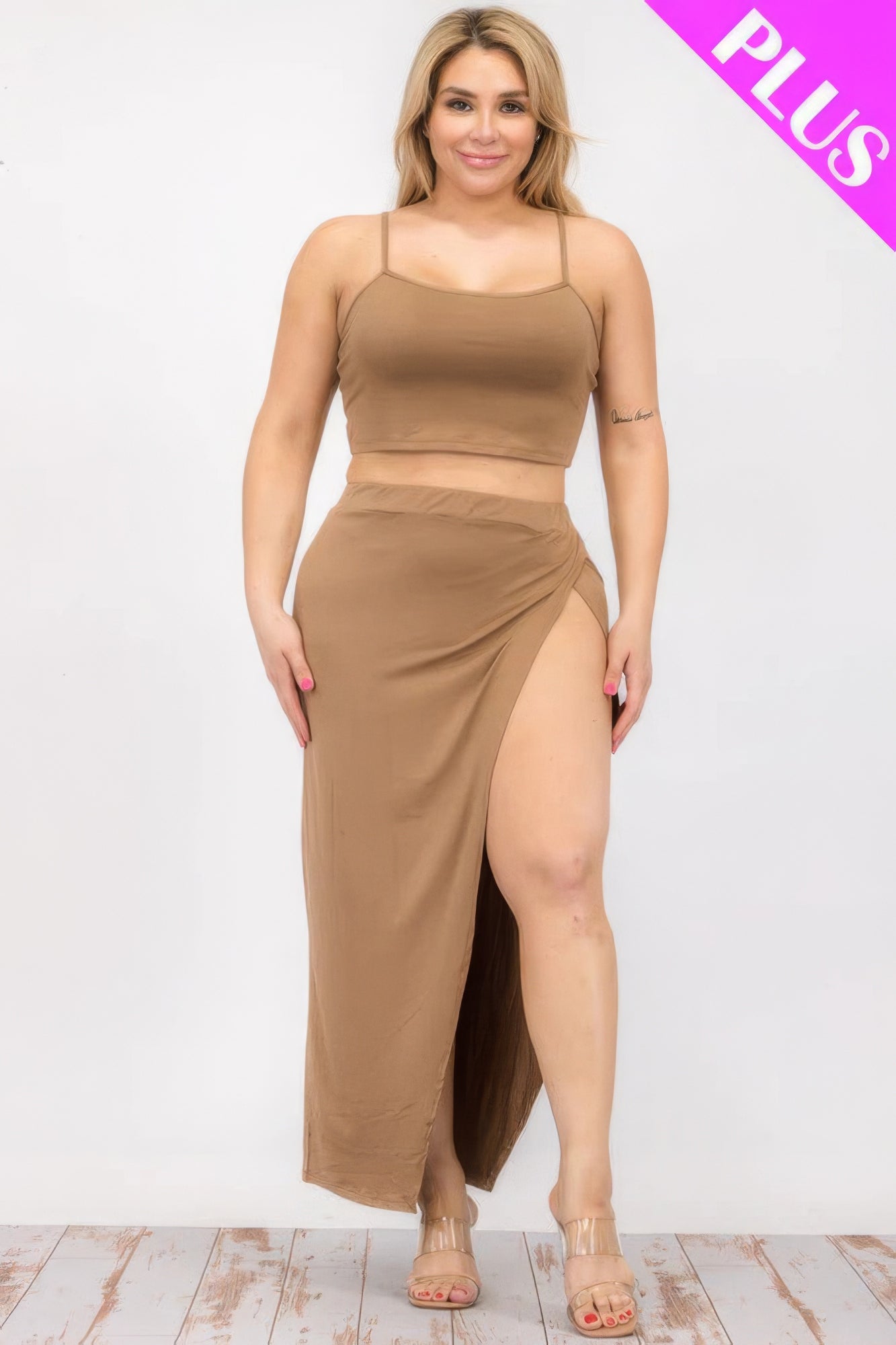 - Plus Size Crop Cami & Split Thigh Maxi Skirt Set - womens skirt set at TFC&H Co.