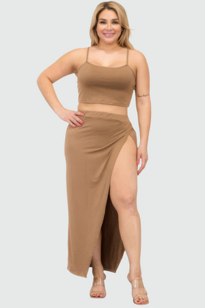 Coca Mocha - Plus Size Crop Cami & Split Thigh Maxi Skirt Set - womens skirt set at TFC&H Co.