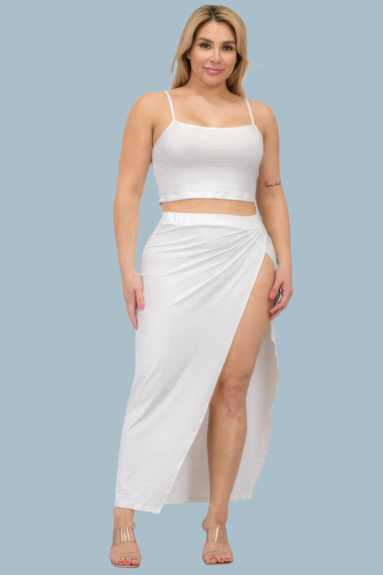 White - Plus Size Crop Cami & Split Thigh Maxi Skirt Set - womens skirt set at TFC&H Co.