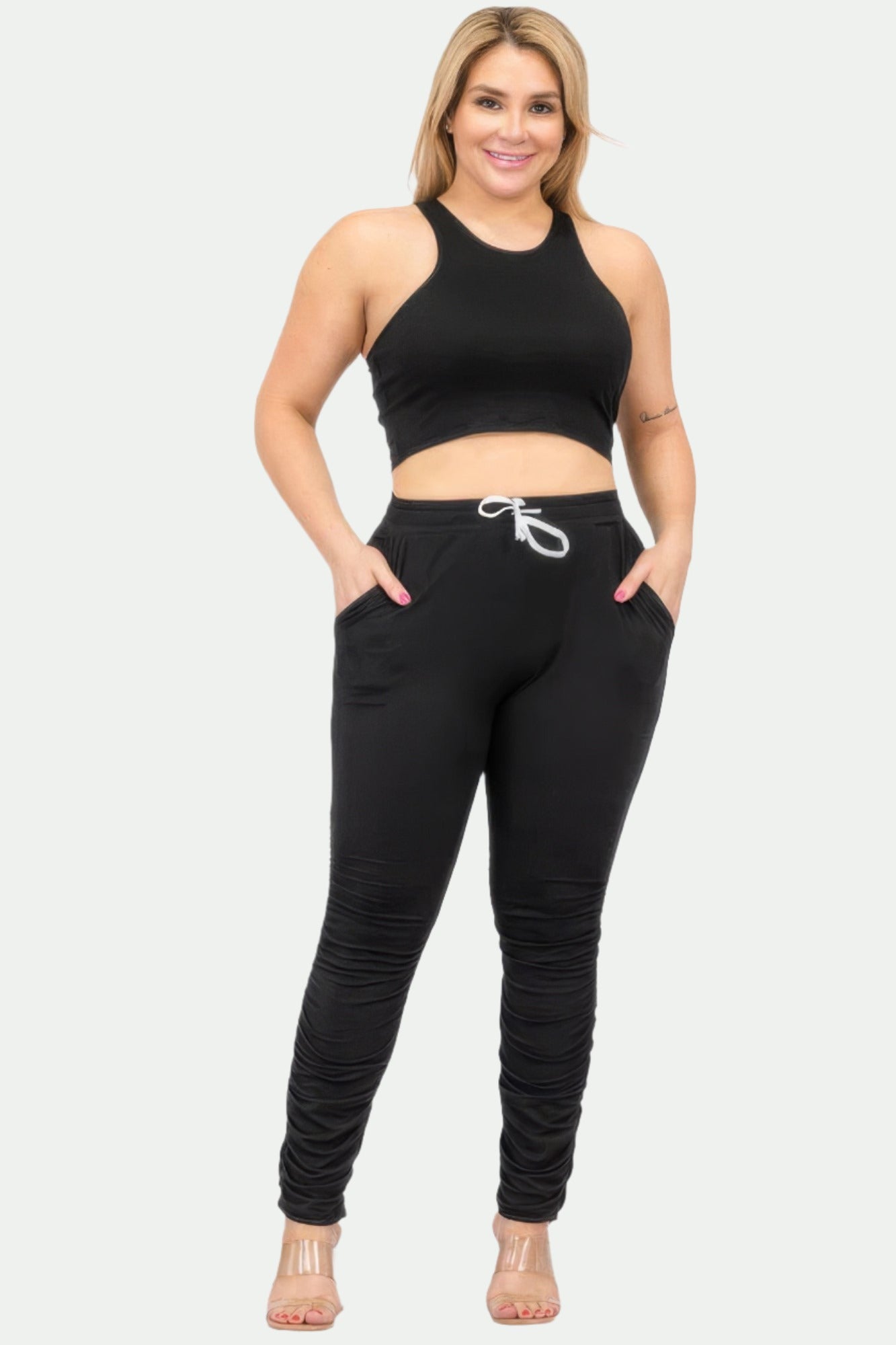 Black - Plus Size Crop Tank Top & Ruched Pants Set - womens pants set at TFC&H Co.