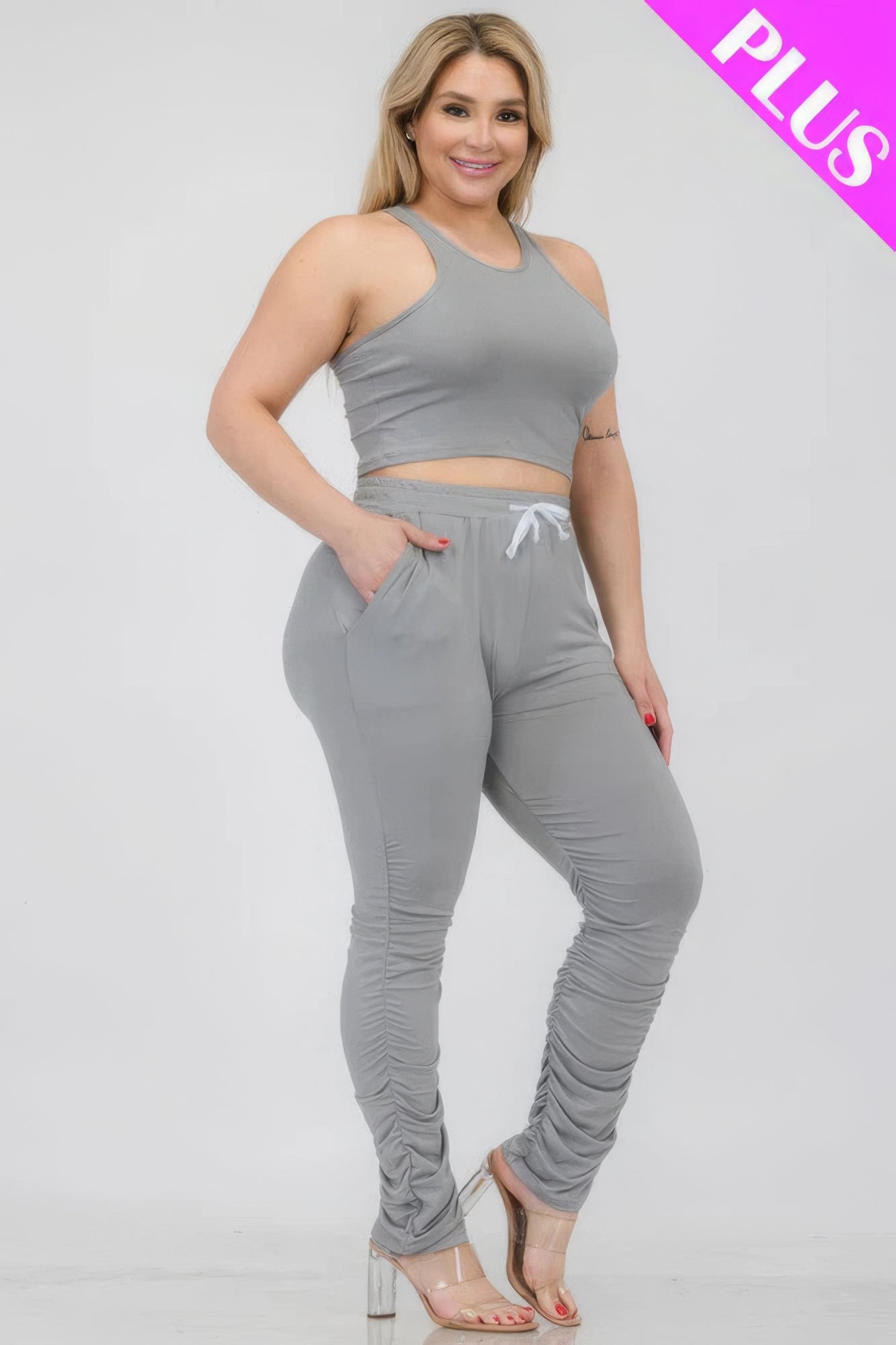 - Plus Size Crop Tank Top & Ruched Pants Set - womens pants set at TFC&H Co.