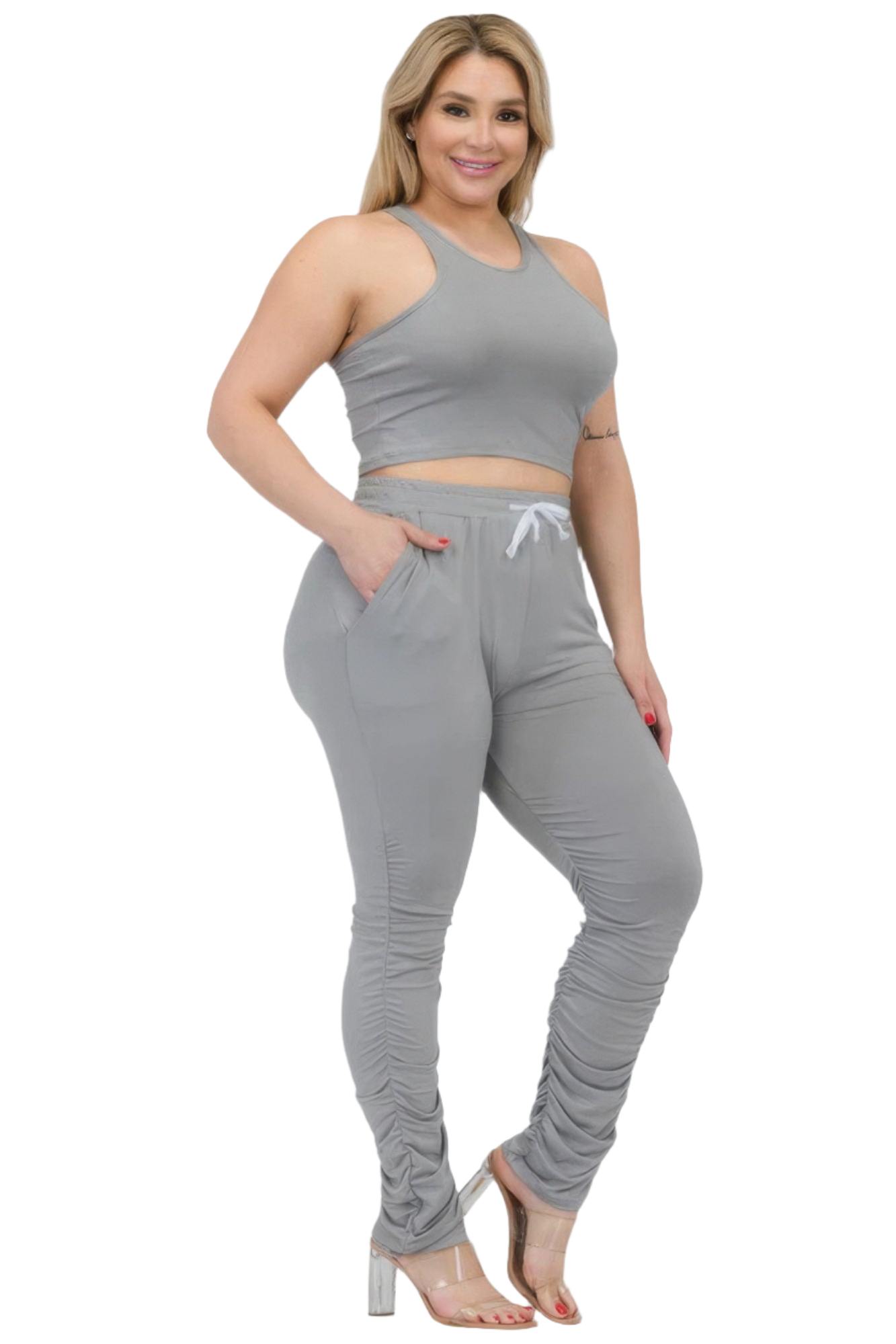 - Plus Size Crop Tank Top & Ruched Pants Set - womens pants set at TFC&H Co.