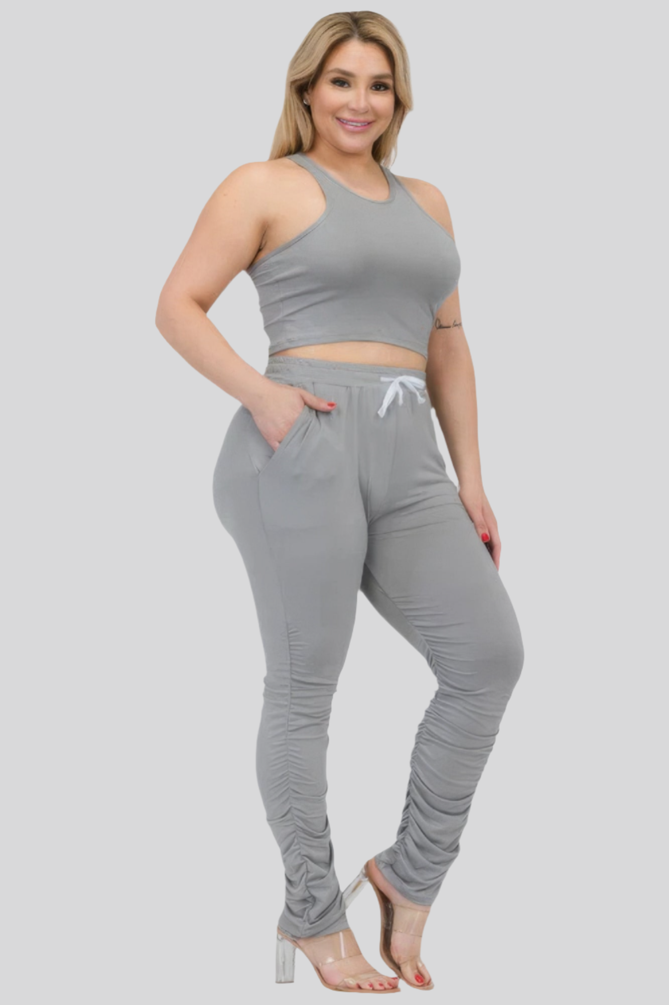 Ultimate Grey - Plus Size Crop Tank Top & Ruched Pants Set - womens pants set at TFC&H Co.