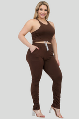 Coffee - Plus Size Crop Tank Top & Ruched Pants Set - womens pants set at TFC&H Co.