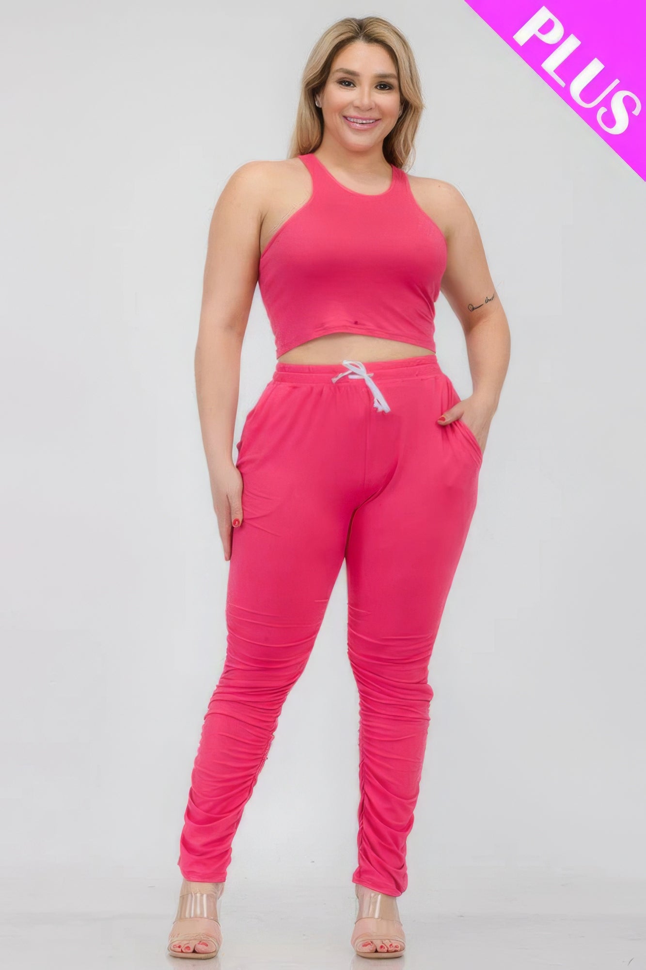 - Plus Size Crop Tank Top & Ruched Pants Set - womens pants set at TFC&H Co.