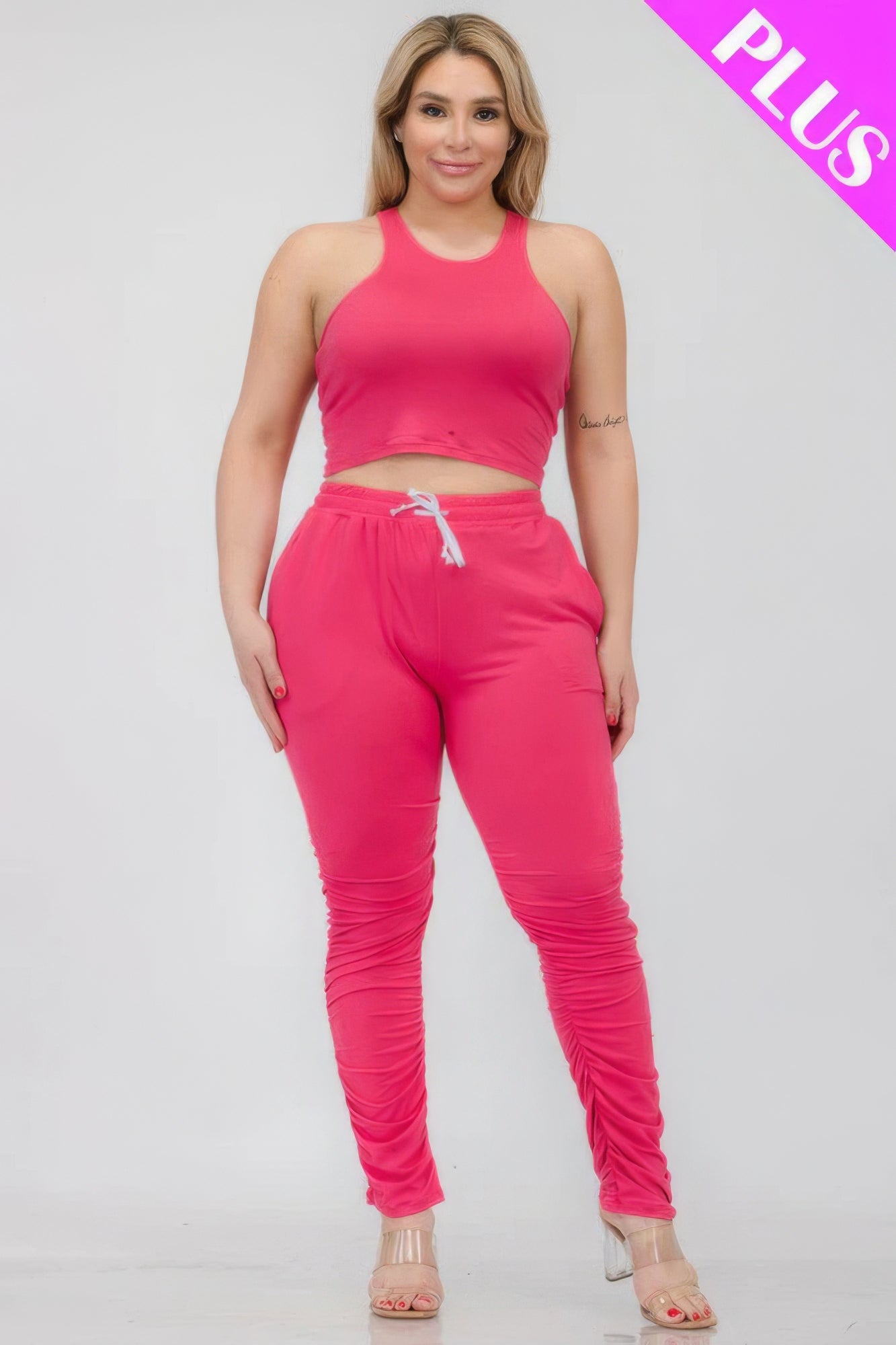 - Plus Size Crop Tank Top & Ruched Pants Set - womens pants set at TFC&H Co.