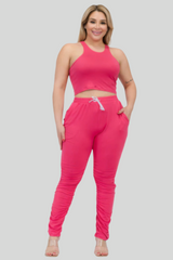 Fuchsia - Plus Size Crop Tank Top & Ruched Pants Set - womens pants set at TFC&H Co.