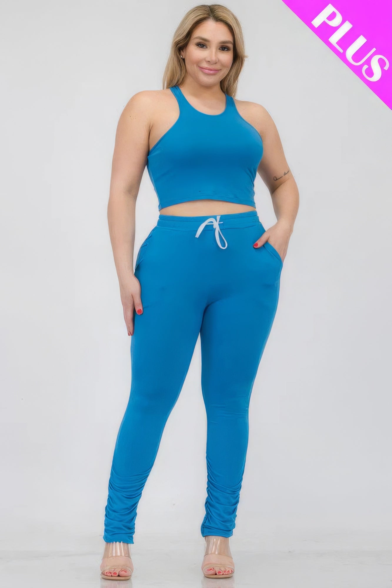 - Plus Size Crop Tank Top & Ruched Pants Set - womens pants set at TFC&H Co.