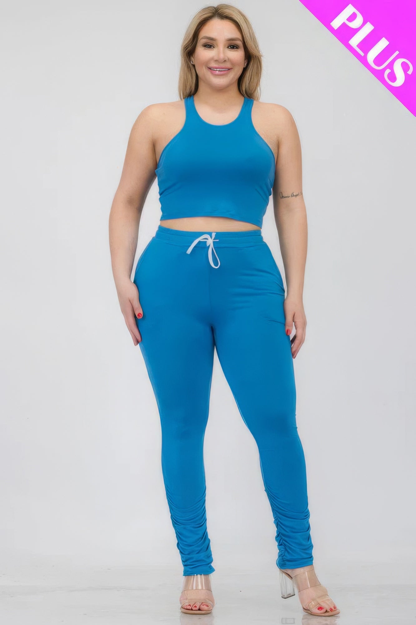 - Plus Size Crop Tank Top & Ruched Pants Set - womens pants set at TFC&H Co.