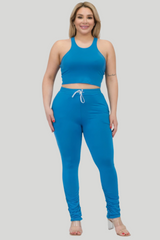 Ibiza Blue - Plus Size Crop Tank Top & Ruched Pants Set - womens pants set at TFC&H Co.