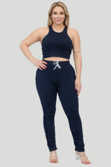 Navy - Plus Size Crop Tank Top & Ruched Pants Set - womens pants set at TFC&H Co.