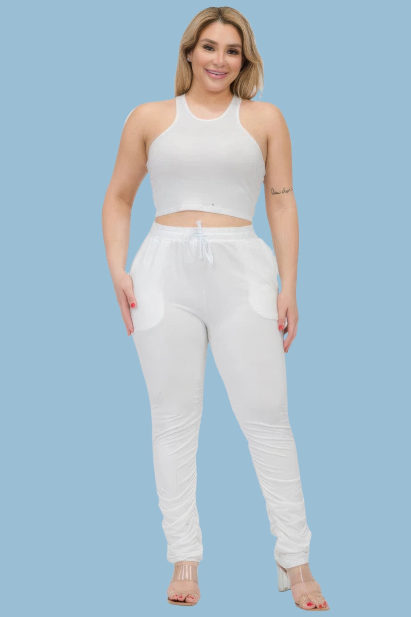 White - Plus Size Crop Tank Top & Ruched Pants Set - womens pants set at TFC&H Co.