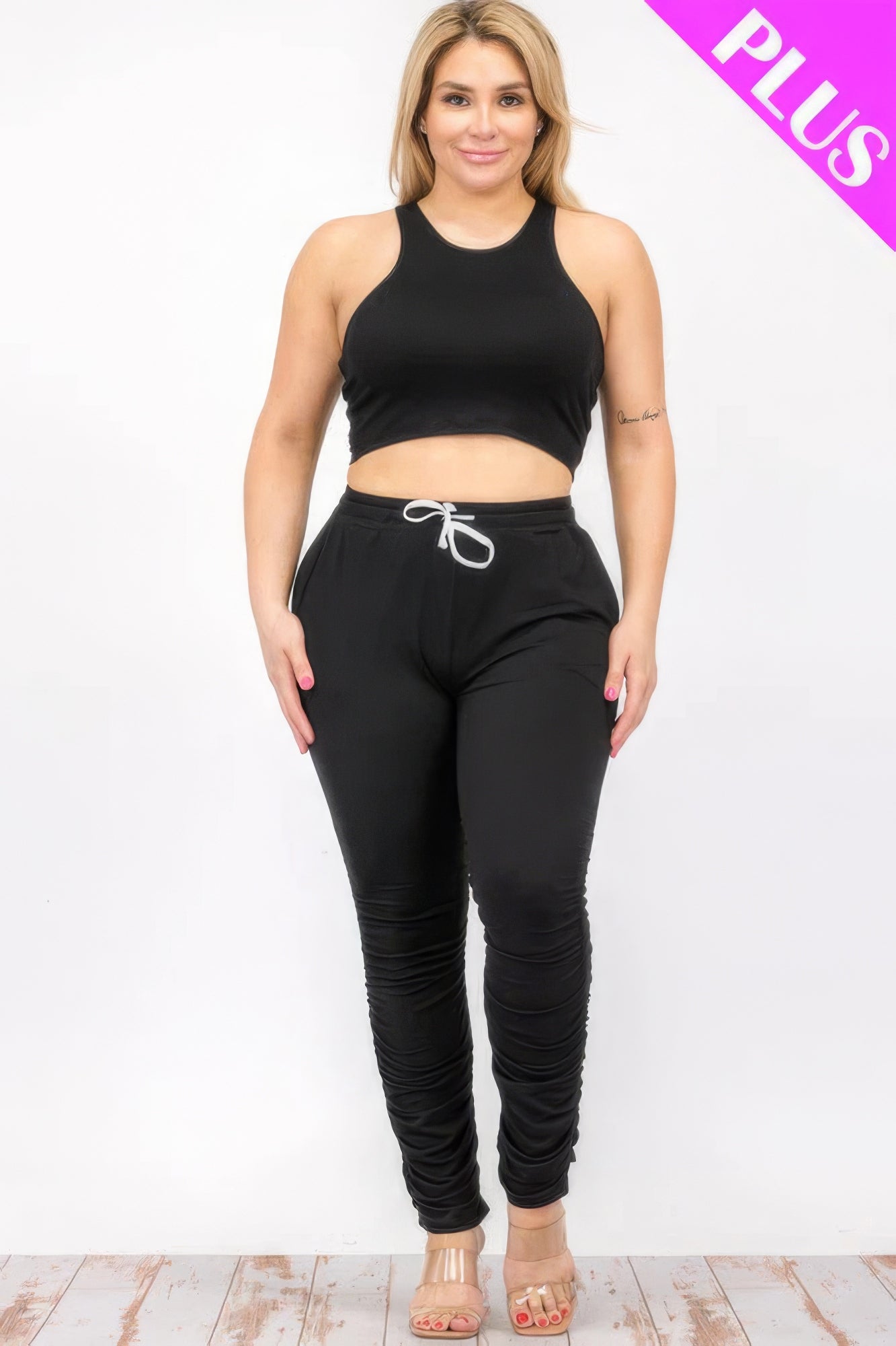 - Plus Size Crop Tank Top & Ruched Pants Set - womens pants set at TFC&H Co.