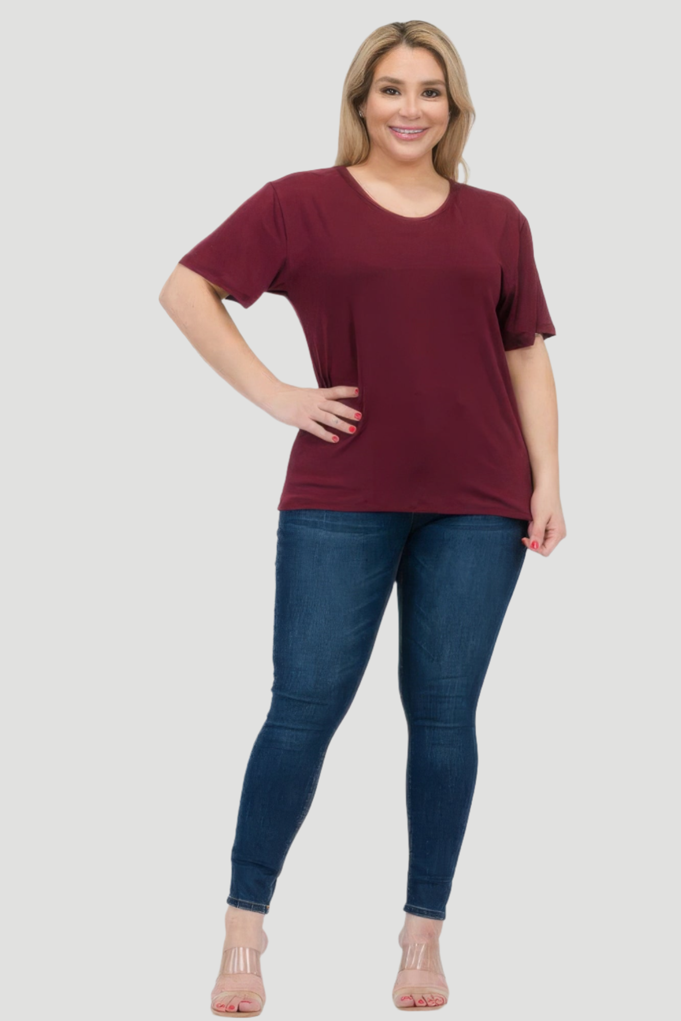 Burgundy - Plus Size Basic Short Sleeve T-shirt - womens t-shirt at TFC&H Co.