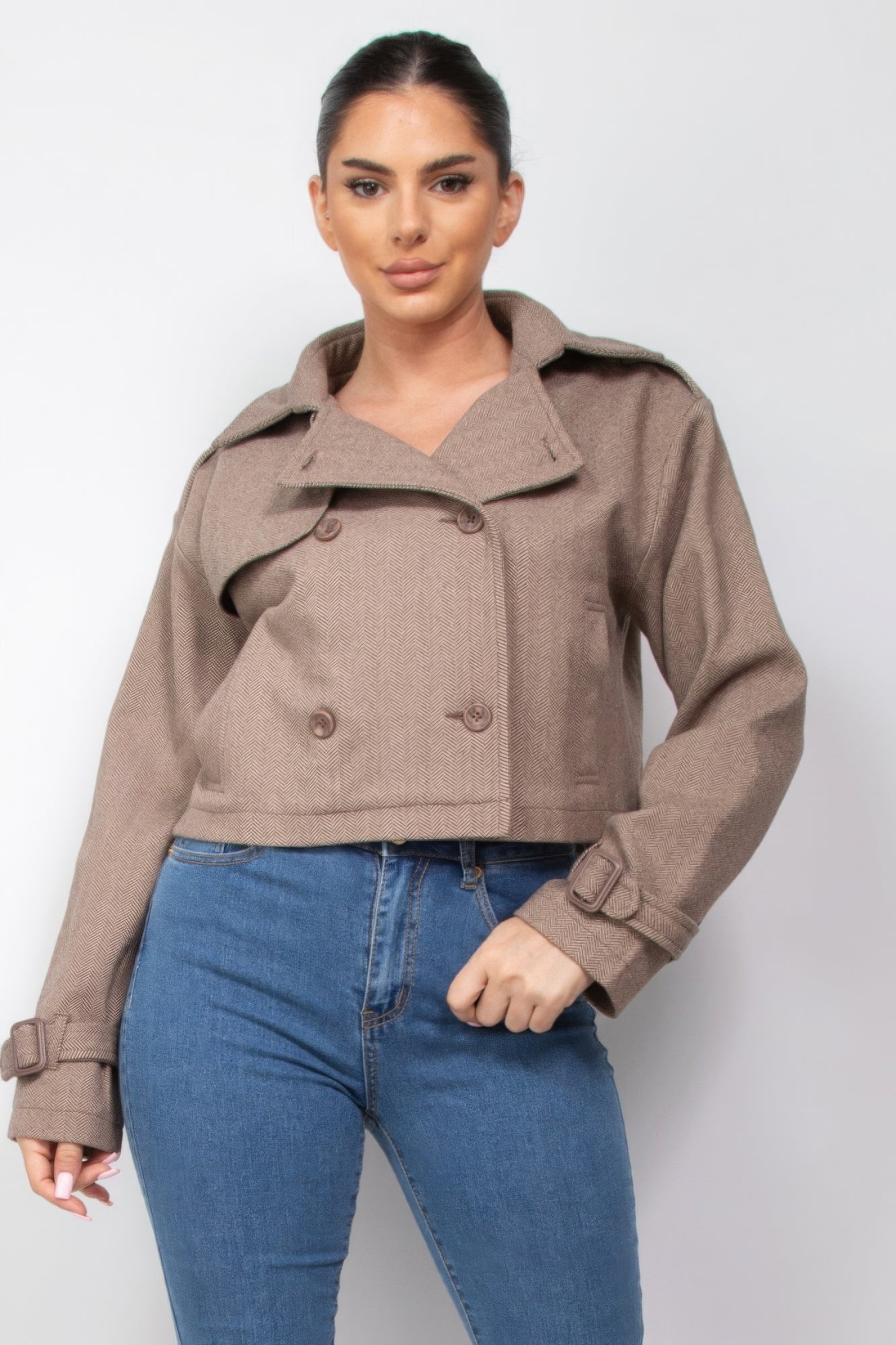 Camel - Notch Buckled Sleeve Crop Trench Coat - womens jacket at TFC&H Co.