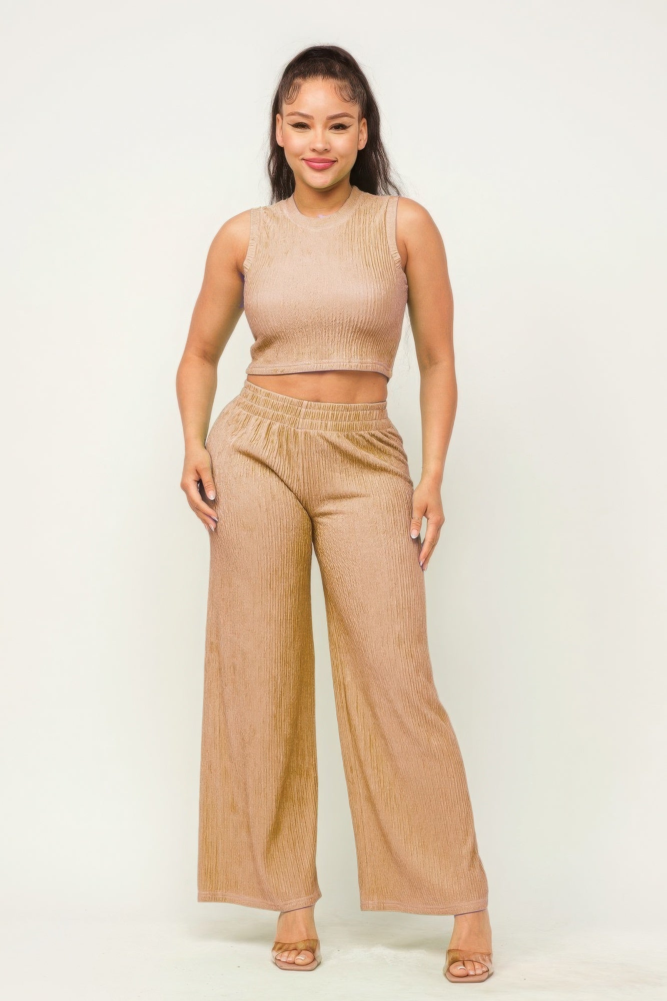 Khaki - Women's Crop Top And Wide Pants Outfit Set - womens pants set at TFC&H Co.