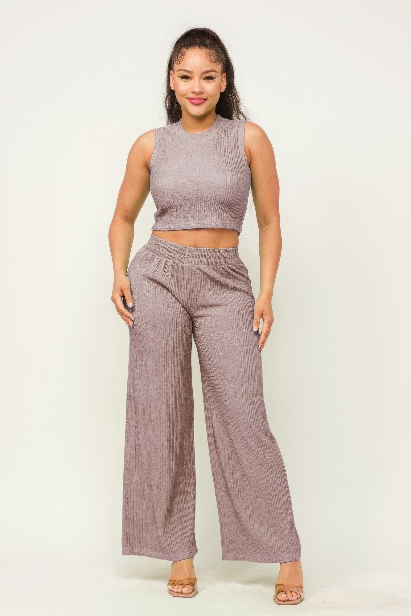 Grey - Women's Crop Top And Wide Pants Outfit Set - womens pants set at TFC&H Co.