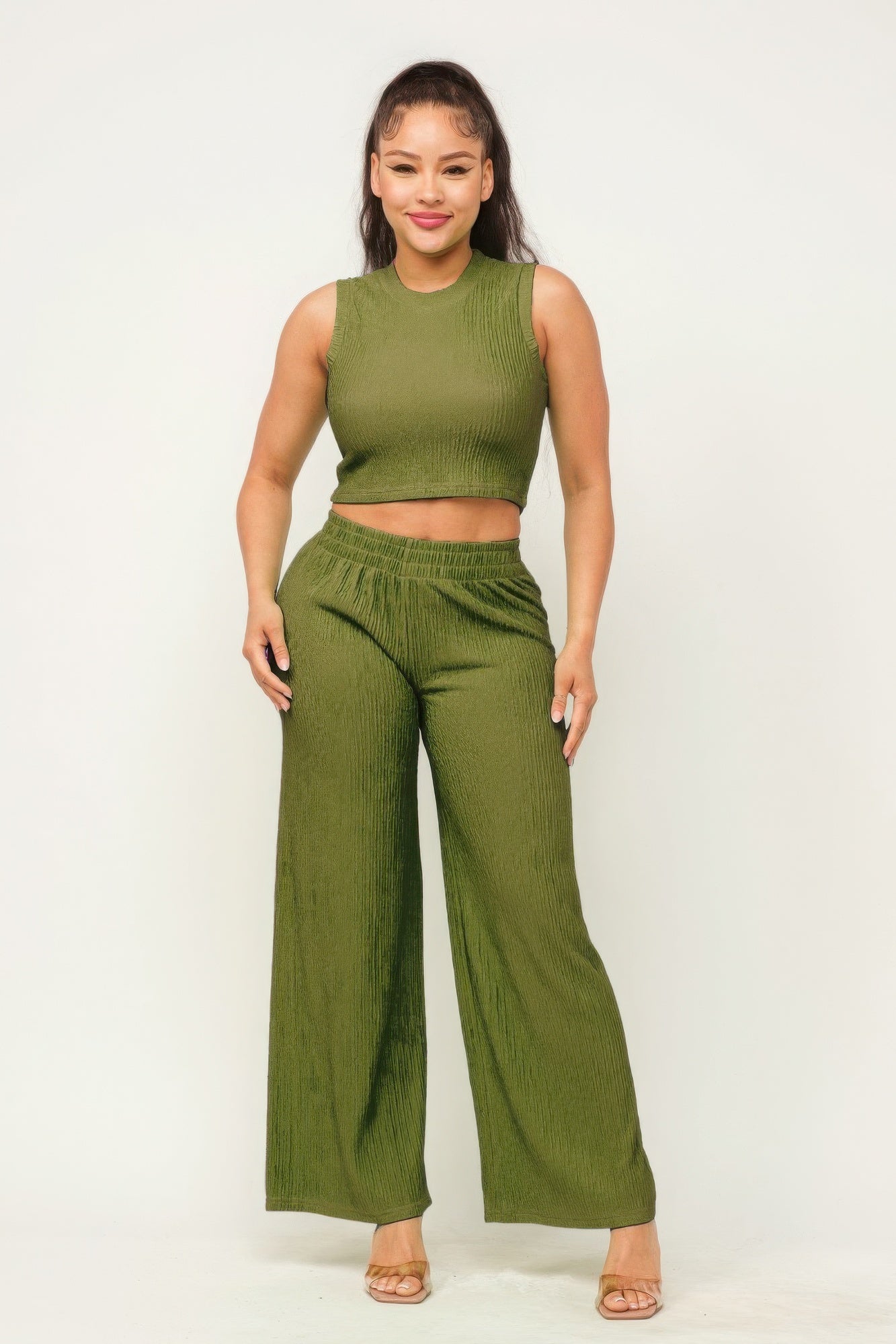 Cactus - Women's Crop Top And Wide Pants Outfit Set - womens pants set at TFC&H Co.