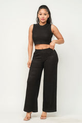 Black - Women's Crop Top And Wide Pants Outfit Set - womens pants set at TFC&H Co.