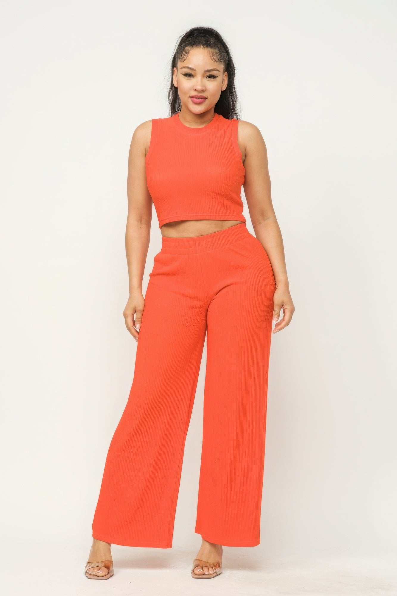 Tomato Red - Women's Crop Top And Wide Pants Outfit Set - womens pants set at TFC&H Co.