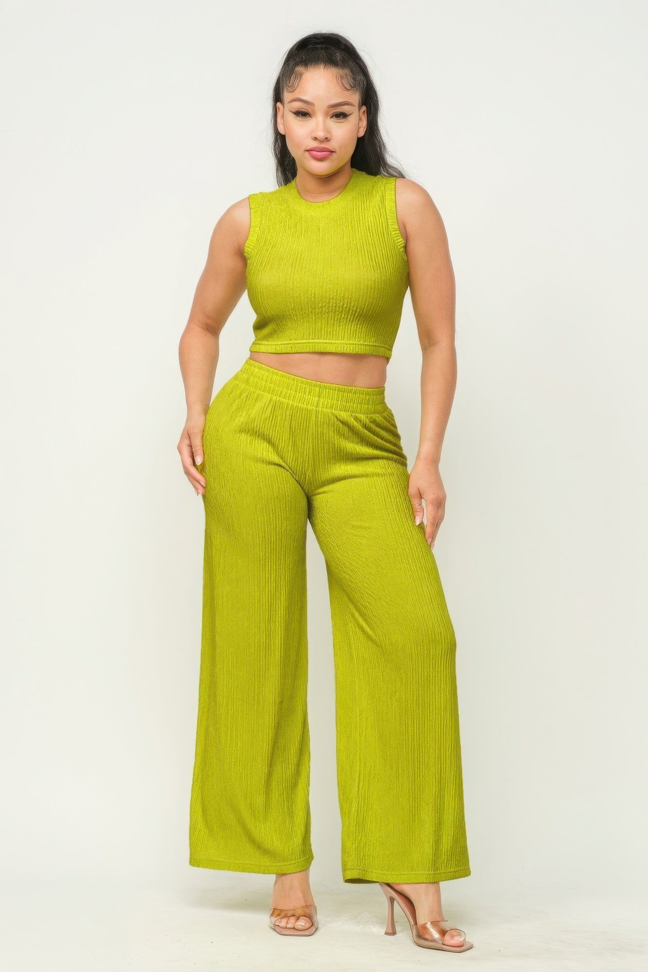 Lime - Women's Crop Top And Wide Pants Outfit Set - womens pants set at TFC&H Co.