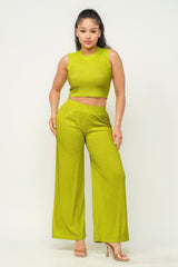 Lime - Women's Crop Top And Wide Pants Outfit Set - womens pants set at TFC&H Co.