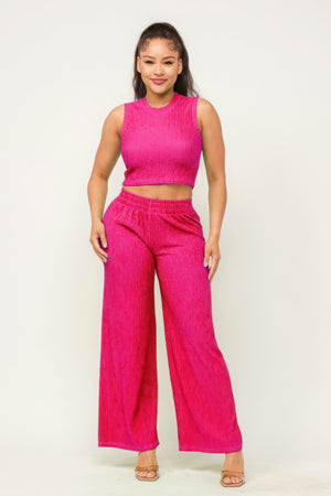 Pink - Women's Crop Top And Wide Pants Outfit Set - womens pants set at TFC&H Co.