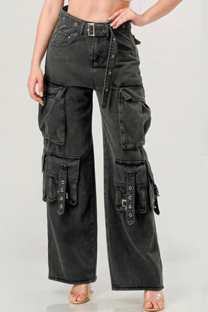 Black - Belted Denim Cargo Jean - womens jeans at TFC&H Co.