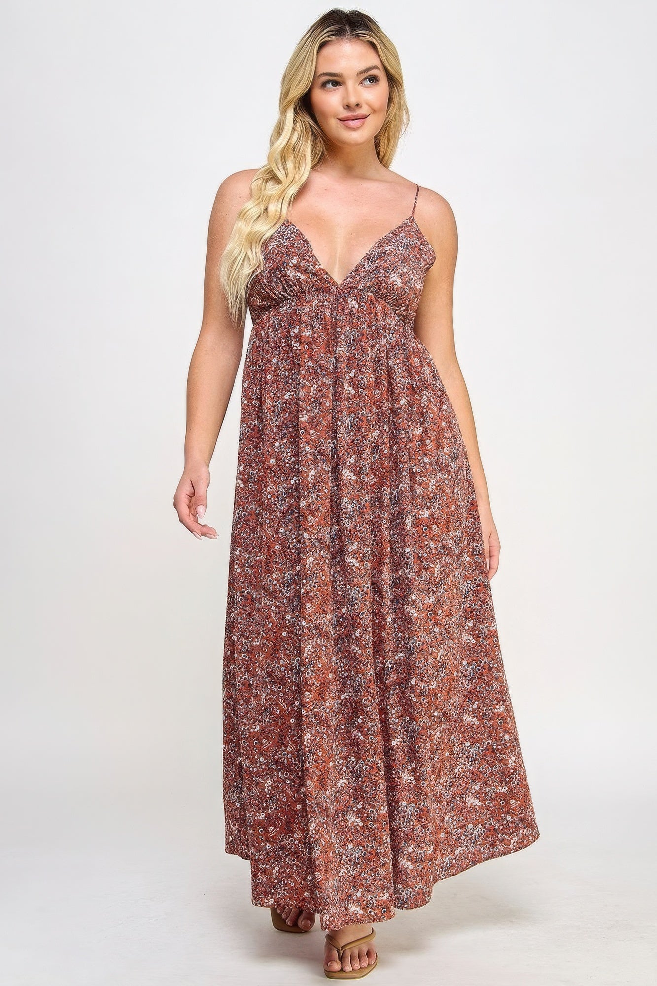 Rust - Floral Maxi Dress With Tie Back - womens dress at TFC&H Co.