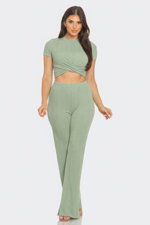 Sage - Front Twist Detail Top And Flare Pants Set - womens pants set at TFC&H Co.