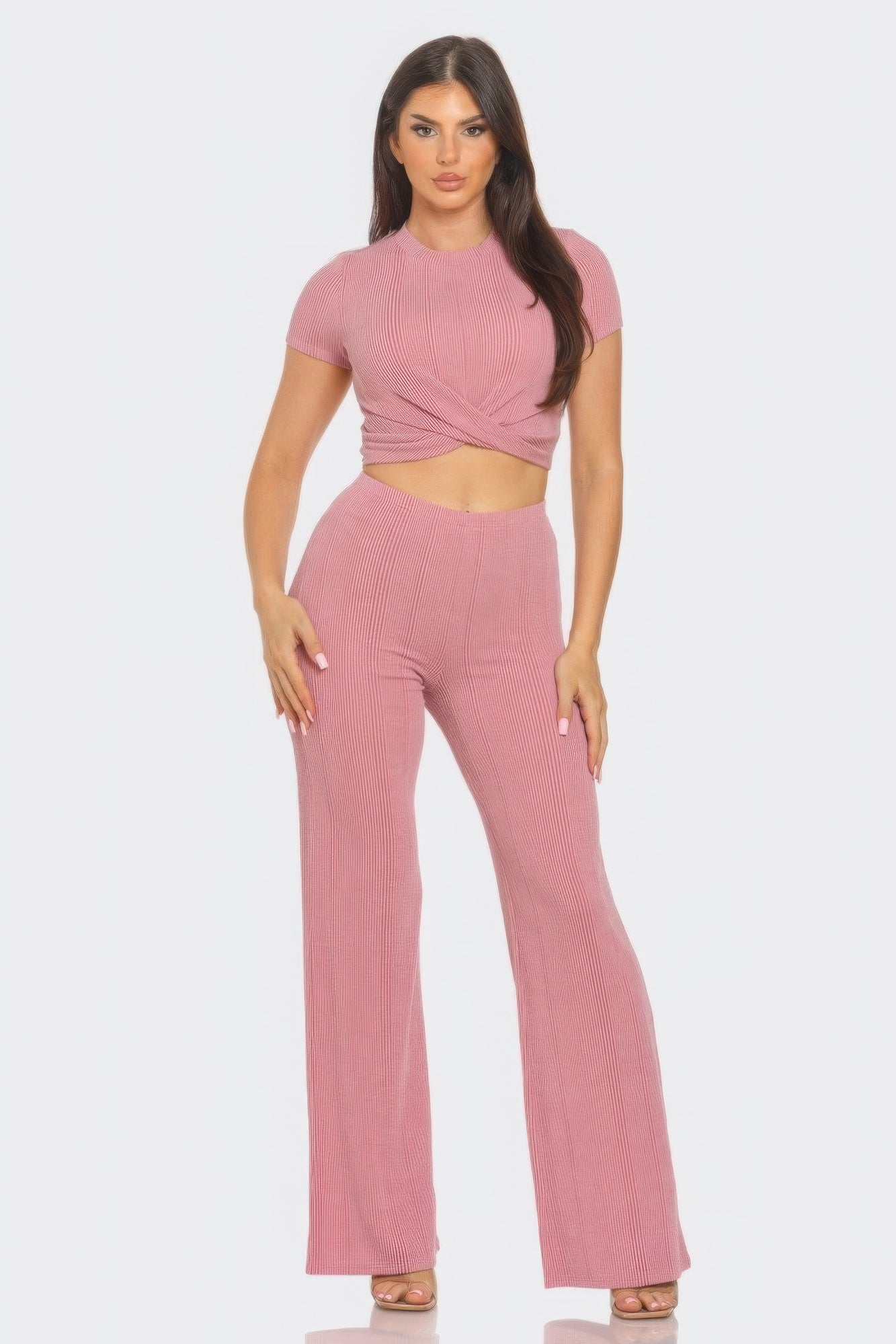 Mauve - Front Twist Detail Top And Flare Pants Set - womens pants set at TFC&H Co.