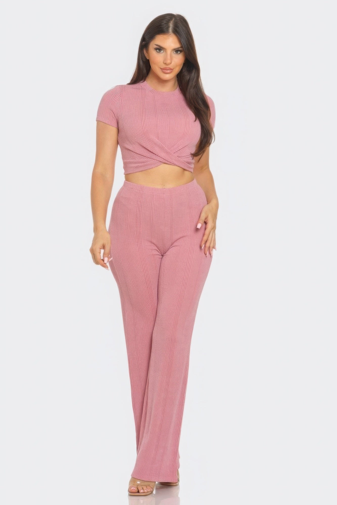 - Front Twist Detail Top And Flare Pants Set - womens pants set at TFC&H Co.